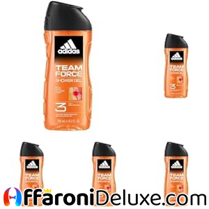 Adidas Team Force Gel Doccia Bagnoschiuma 3 in 1 per Corpo, Capelli e Viso, Formula Vegana, 250ml (Confezione da 5)
