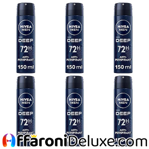 NIVEA MEN Deep Spray 6 x 150 ml, Deodorante uomo arricchito con Carbone Attivo per fino a 72h