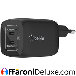 Belkin Caricabatteria da Parete USB-C Doppio 65W con Tecnologia GaN, PD 3.0