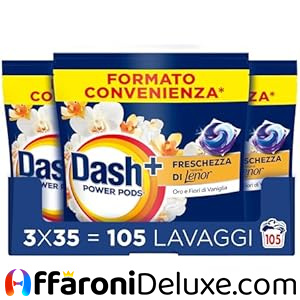 Dash Power Pods Detersivo Lavatrice in Capsule, 105 Lavaggi (3x35) con Freschezza di Lenor Oro e Fiori di Vaniglia